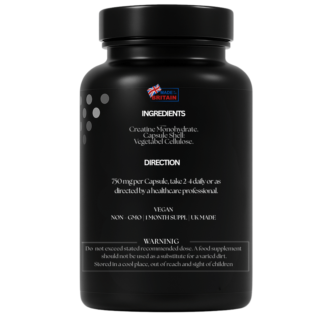 Black supplement bottle with white text on a white background