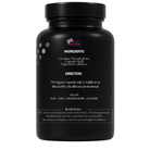 Black supplement bottle with white text on a white background