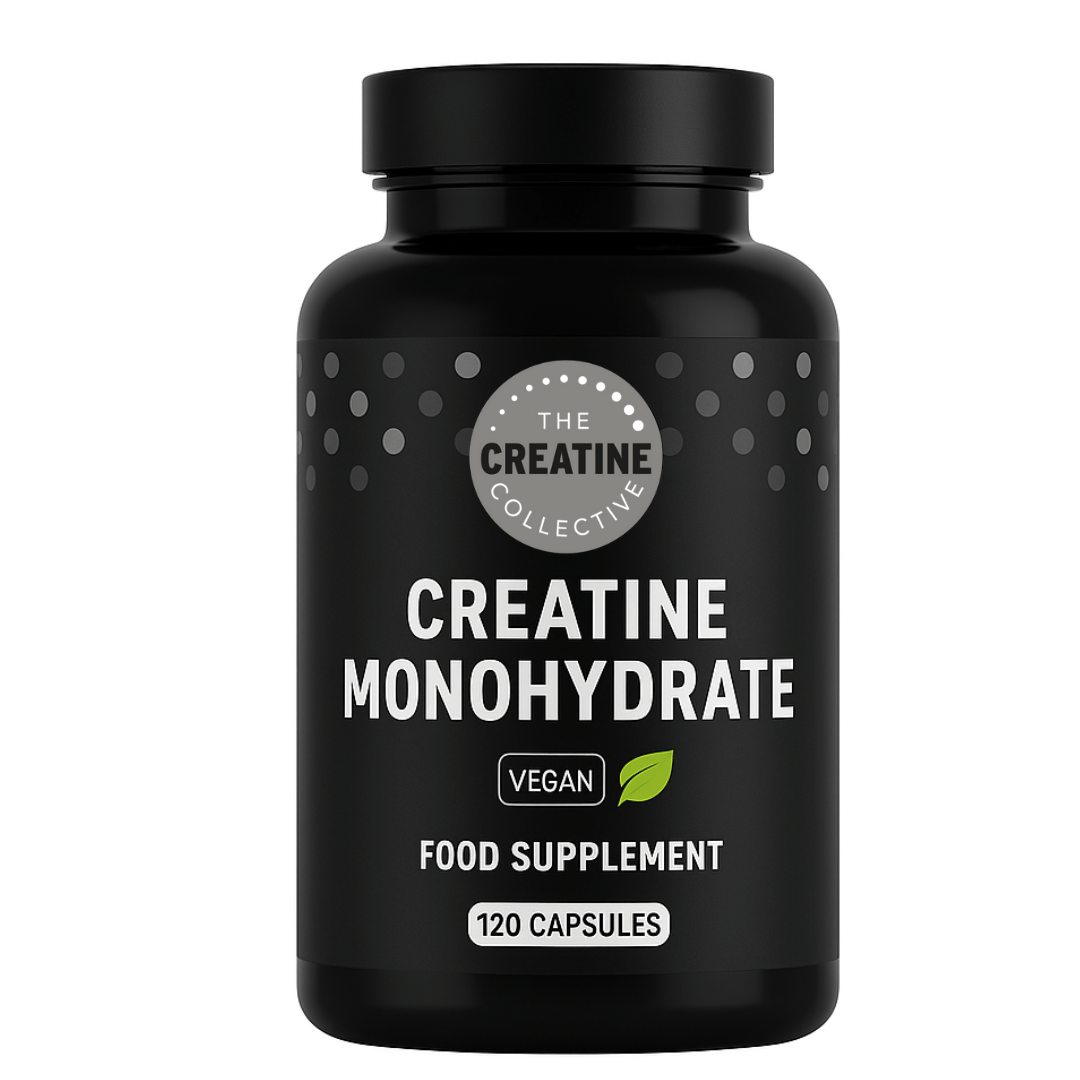 Black supplement bottle labelled 'Creatine Monohydrate' by The Creatine Collective on a white background.